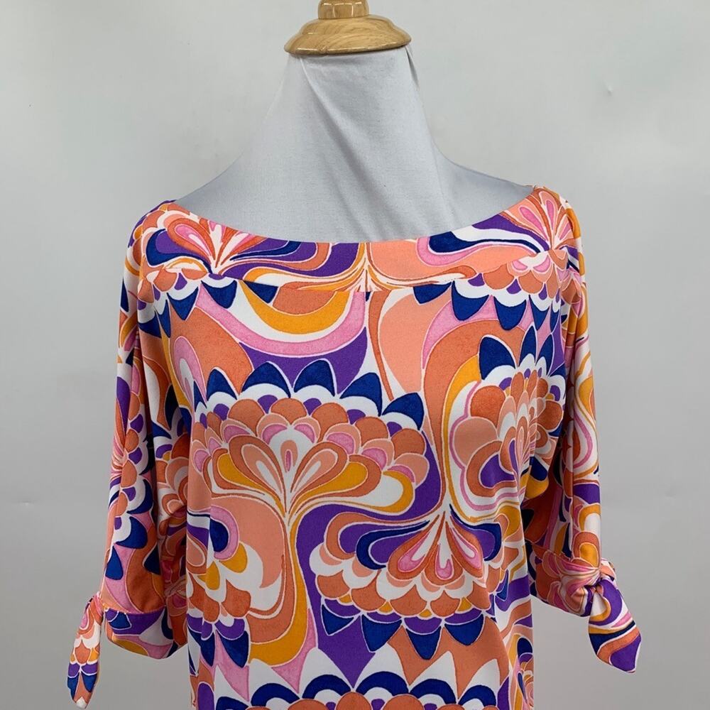Trina Turk Dress Womens S Small Printed Coco Knot It Split Tie Sleeve Boat Neck - Picture 3 of 11